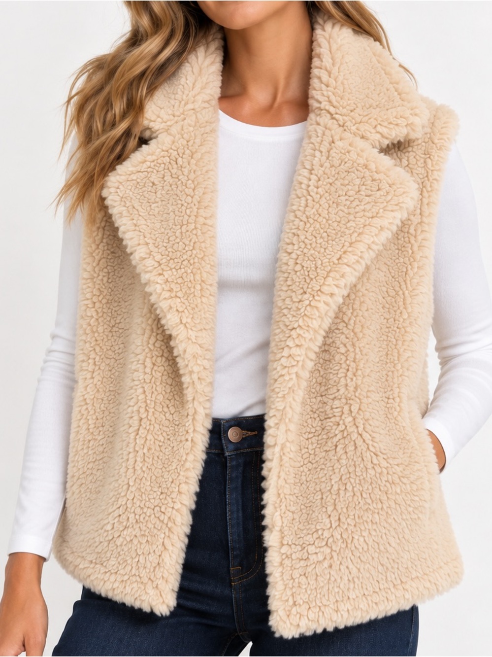 Everly Cream beige Sherpa Teddy Faux Fur Vest – Size L